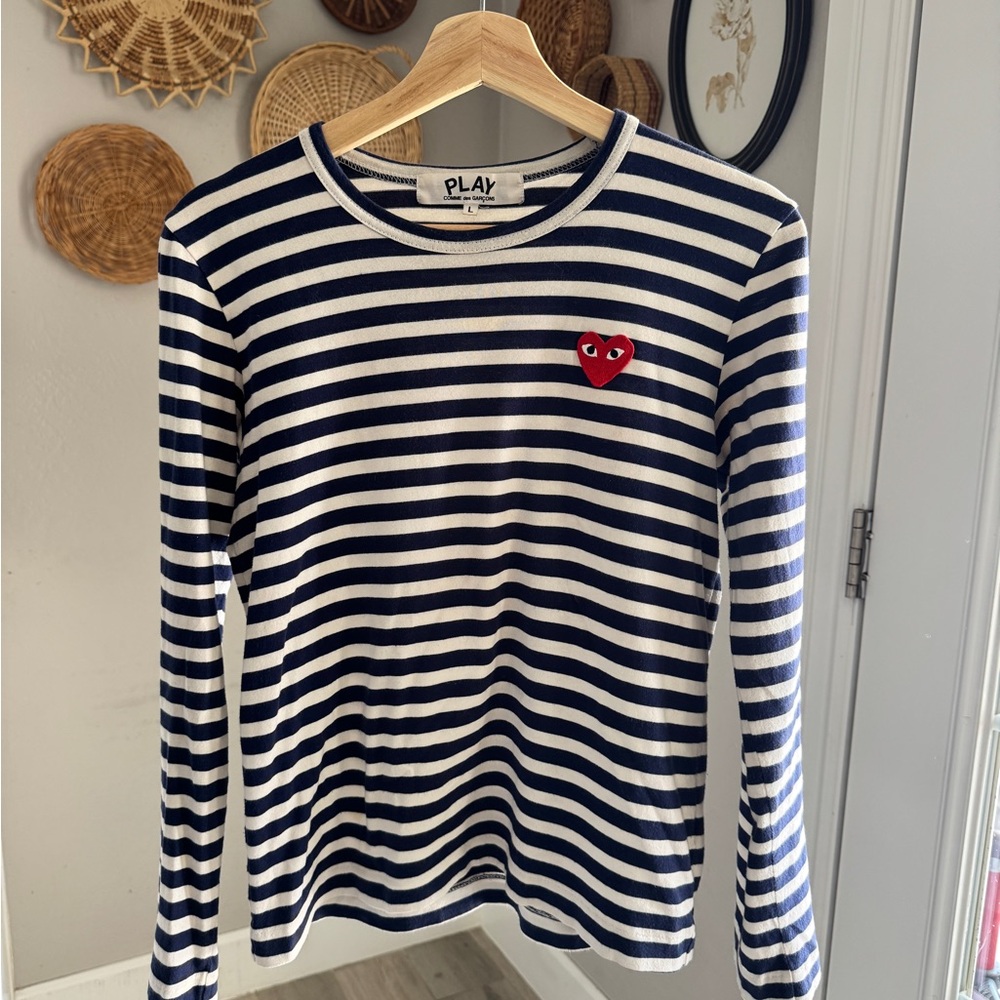 Comme des Garcons PLAY Navy and White Striped Long Sleeve Tee